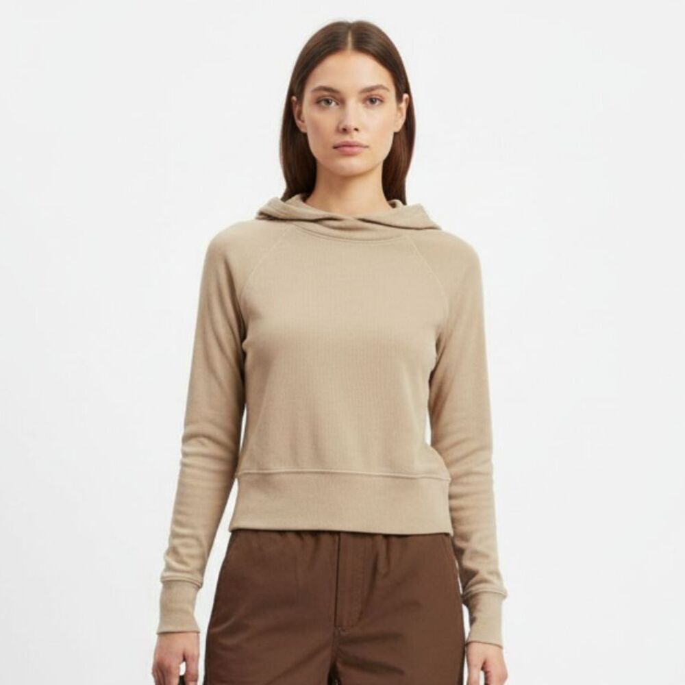 Mono B Tan Ribbed Full Out Barre Print Long sleeve Hoodie Crop Top NEW L